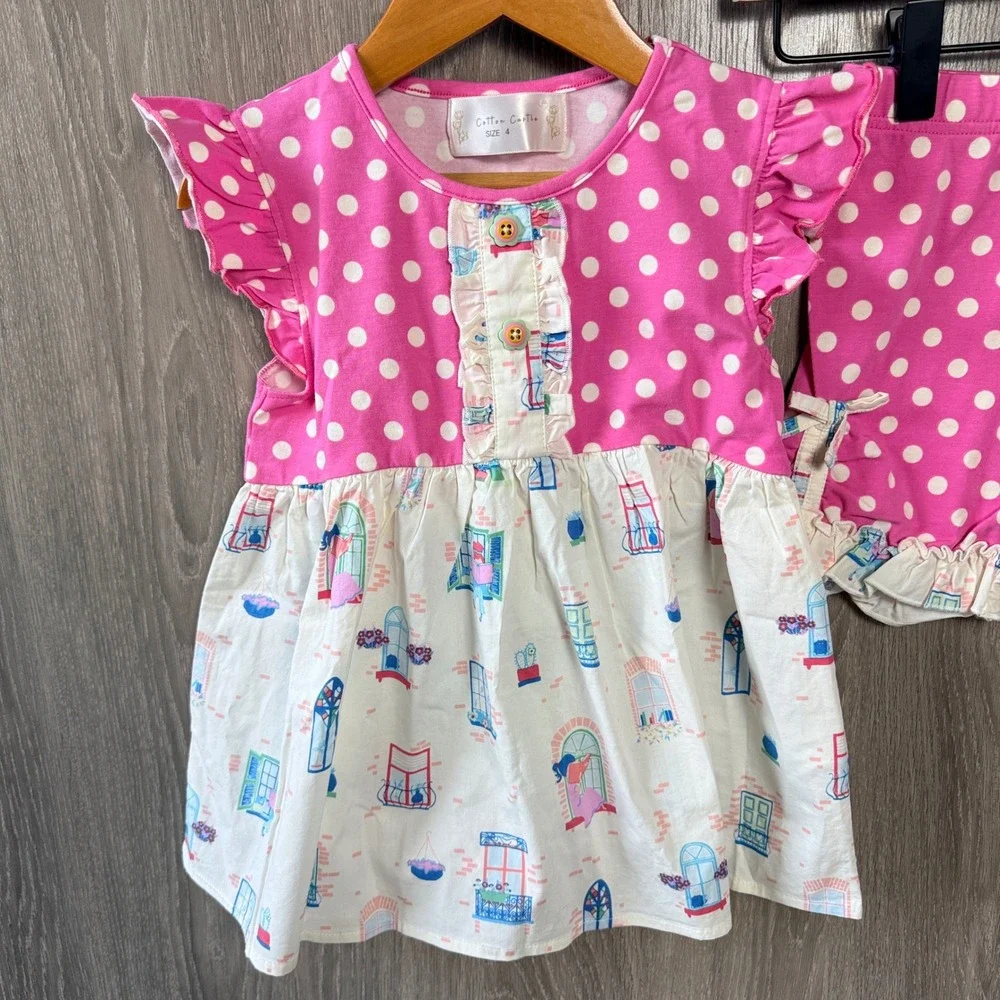 Cotton Castle Platinum Balcony Tunic Shorts Set Sz 4 Pink Polka Dot Boutique NEW